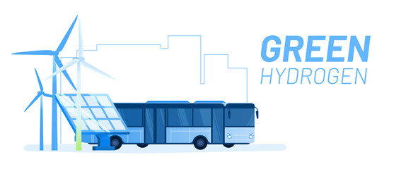 Wall Mural - hydrogen bus vector illustration concept. alternative and renewable energy source. wind turbine, sol