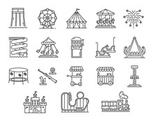 Amusement Park Playground With Funfair Carousel, Rollercoaster And Roundabout, Vector Outline Icons. Amusement Park Rides, Aquapark Slides And Circus Funfair Carnival Entertainment Attractions