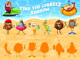 Wall Mural - Find correct shadow, funny nuts on summer vacation, vector match game puzzle. Kids logic game worksheet to find correct shadow or similar silhouette cartoon peanut and walnut on summer sea beach