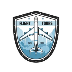 Sticker - Flight tours icon with airplane, air travel and tourism, vector airlines sign. Aviation and avia travel flights on charter and private jets for holiday and vacations air journey