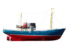 Old Red Blue Museum Fishing Boat Isolated On White Background. Ventspils, Latvia. Copy Space. Graphic Resources For Wall Art, Cards, Charts And Drawings, 3D Modeling, Ship Scale Model