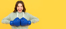 Shouting Child In Boxing Gloves On Yellow Background, Sport. Horizontal Poster Of Isolated Child Face, Banner Header, Copy Space.