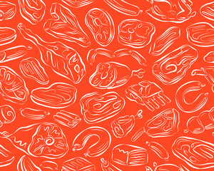 Wall Mural - Meat seamless pattern. Barbecue or grill food concept background. Vector illustration