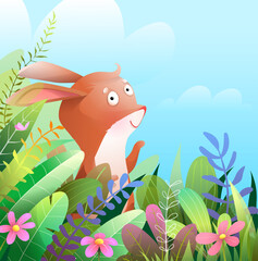 Wall Mural - Baby rabbit in nature cute colorful illustration for children. Hare in the wild nature, cute character for kids. Vector animal in nature illustration for children.