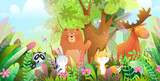 Fototapeta Dziecięca - Forest animals cute colorful illustration for children. Bear, moose raccoon rabbit and fox in the wild forest, characters for kids. Vector animals in nature wallpaper for children.