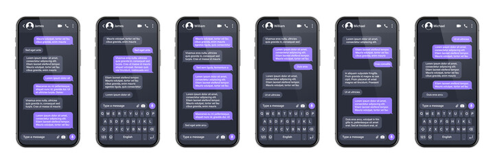 Realistic smartphone with messaging app. SMS text frame. Conversation chat screen with violet message bubbles and placeholder text. Social media application. Vector illustration.