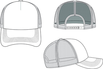 trucker hat snapback technical drawing illustration blank streetwear mock-up template for design and