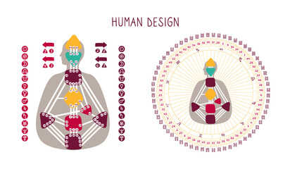 Human Design BodyGraph chart. Nine colored energy centers, planets, variables. Mandala. Hand drawn vector graphic