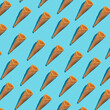 Empty wafer ice cream cones continuous pattern on blue background .Isoclate top view, hard light