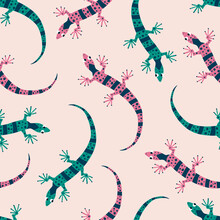 Cute Lizards Hand Drawn Vector Illustration. Funny Colorful Salamanders In Flat Style Seamless Pattern For Kids Fabric Or Wallpaper.