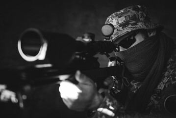 Wall Mural - Ukrainian sniper in defense of his country. black and white photo.