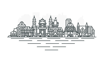 Wall Mural - Bruges, Belgium architecture line skyline illustration. Linear vector cityscape with famous landmarks, city sights, design icons. Landscape with editable strokes.