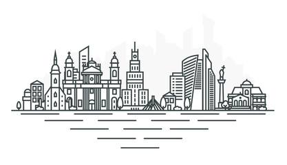 Wall Mural - Warsaw, Poland architecture line skyline illustration. Linear vector cityscape with famous landmarks, city sights, design icons. Landscape with editable strokes.
