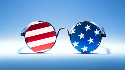 Cool red, white, and blue sunglasses in the pattern of the US American flag. For USA 4th of July or other patriotic celebrations.