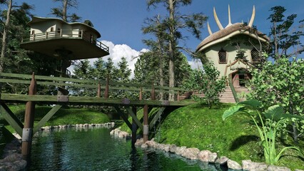 Wall Mural - 3d-illustration of an beautiful elven village panorama