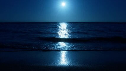 full moon on hawaiian beach. scenic waves of tropical sea on dark blue night. waves breaking on shor