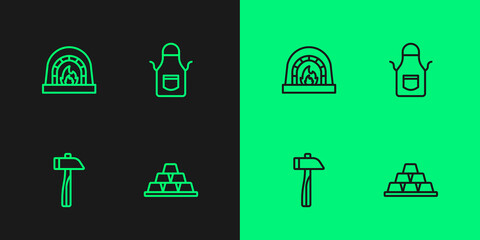 Set line Gold bars, Hammer, Blacksmith oven and apron icon. Vector