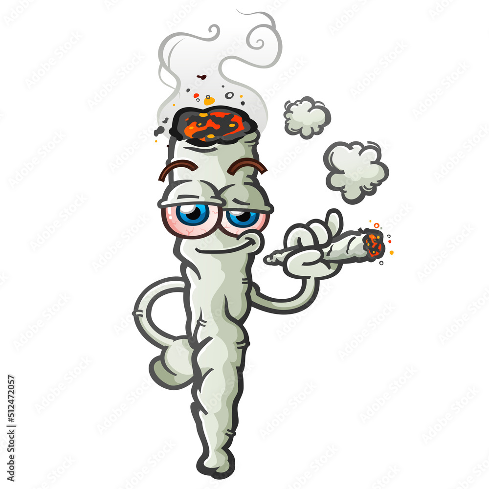 A large marijuana joint cartoon character smoking a small rolled doobie and  puffing smoke Stock Vector