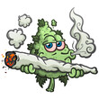 A marijuana bud cartoon character smoking a huge rolled joint and puffing smoke