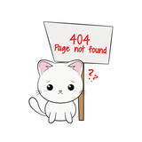 Fototapeta  - Błąd 404 - strona nie znaleziona. Smutny, zmartwiony biały kot i baner z napisem. Ilustracja z informacją 