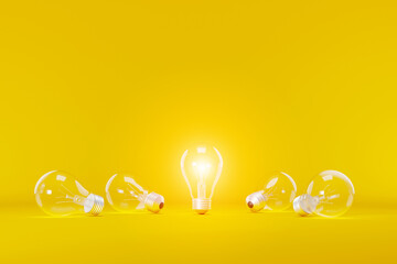 light bulb bright outstanding among lightbulb on yellow background. concept of creative idea and inn