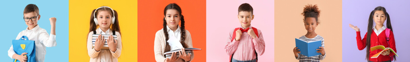 Sticker - Group of cute little schoolchildren on colorful background