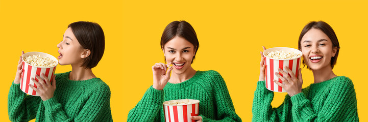 Set of beautiful young woman with bucket of popcorn on yellow background