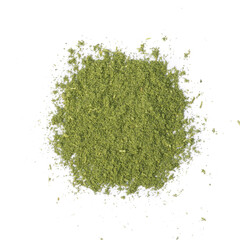 Heap of matcha green tea powder isolated on white background creative flat lay, Organic product from the nature for healthy with traditional style