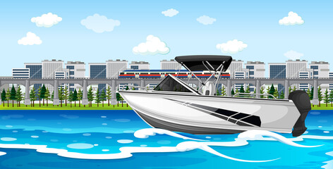 Sticker - River city scene with a speedboat