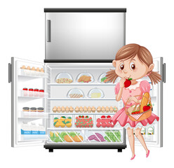 Wall Mural - Hungry girl enjoy eating in front of refrigerator