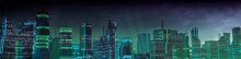 Sci-fi City Skyline With Green And Blue Neon Lights. Night Scene With Futuristic Skyscrapers.