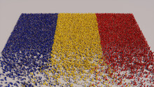 Romanian Banner Background, With People Gathering To Form The Flag Of Romania.