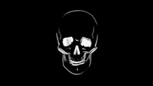 Drawn Human Skull On A Black Background. White Color. Fear. Death. Horror. Symbol. Holiday Halloween. Mystical Look. Casting. Human Bones. White Chalk.
