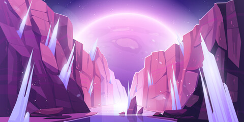 Wall Mural - alien planet landscape, space view from frozen canyon with ice stalagmites and rocks. cosmic backgro