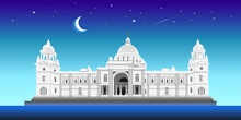 Victoria Memorial Vector With Moonlight Background. Kolkata Fort, West Bengal.