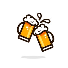 Beer Cheers Vector. Two Toasting Beer Mugs, Cheers. Clinking Glass Tankards Full Of Beer And Splashed Foam. Cartoon Style. Isolated On White Background. Design For Banner, Poster, Greeting Cards.