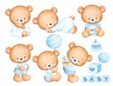 Set Of Watercolor Cute Baby Boy Bear 