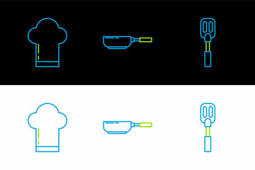 Poster - Set line Spatula, Chef hat and Frying pan icon. Vector