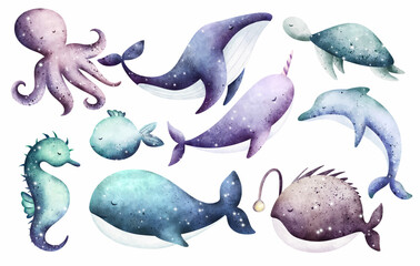 Watercolor set of sea creature