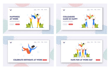 Wall Mural - Happy People Celebrate Success Landing Page Template Set. Positive Friends or Colleagues Celebrate Victory Achievement