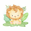 Watercolor baby lion and tropical leaves sitting in the garden