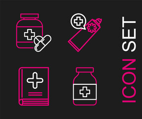 Sticker - Set line Medicine bottle, Medical book, Ointment cream tube medicine and and pills icon. Vector