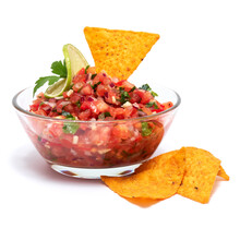 Glass Bowl Of Tomato Salsa Dip With Tortilla Chips Isolated On White Background