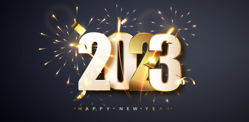 Wall Mural - Happy New Year 2023. Greeting New Year Banner with numbers date 2023 on the background of fireworks.