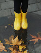Child in yellow rubber shoes standing in puddle near the autumn leaves on the ground