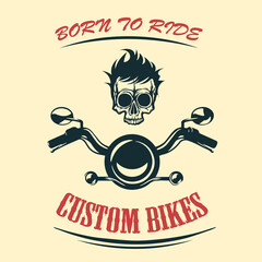 Vintage logo with motorcycles in 80s style. Modern logos for motorcycle workshops with skull, moto.