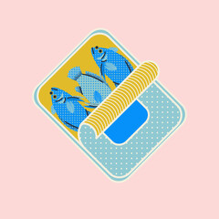 Stylish illustration with a can of sardines. Vector card, print, design with fish