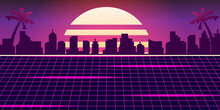 Retro Futuristic  Retro Styled Night Cityscape With Sunset On Background.  Vector Illustration.