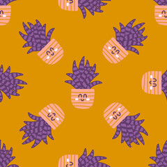 Wall Mural - Hand drawn cute succulent house plants in pots, vector seamless pattern for fabric, wallpapers