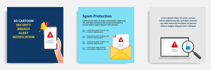 Social media tutorial, tips post banner layout template in 3D cartoon style. Security breach notification concept. Vector design illustration